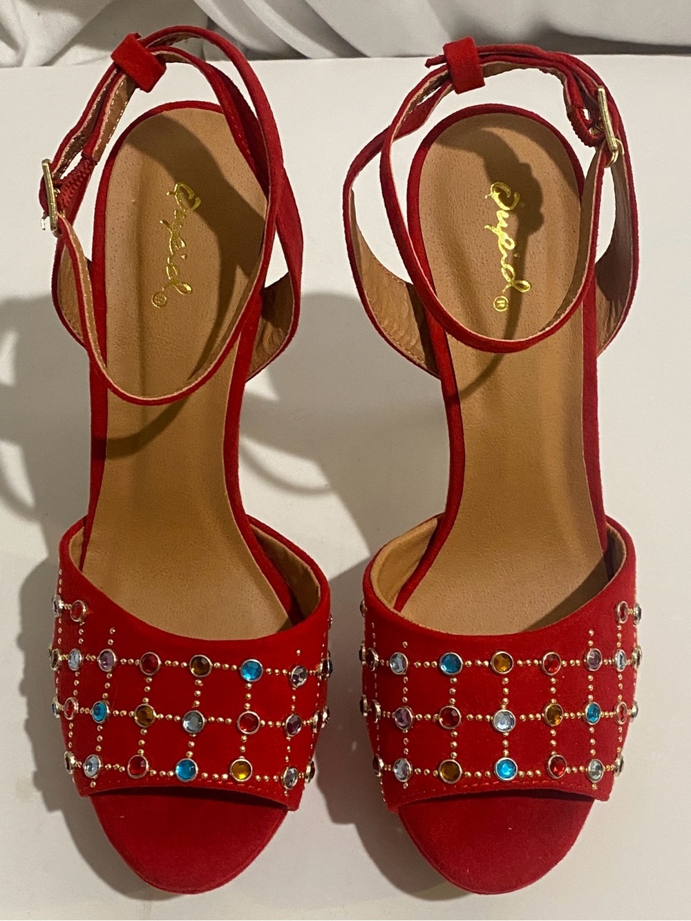 Qupid Women's 8.5 Red Rhinestone Studded Y2K Clubwear Stilettos Platform Heels